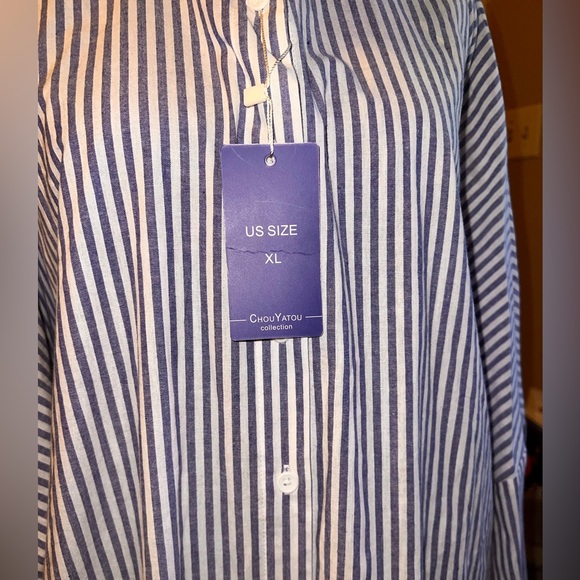 Chouytou button down shirt dress blue & white stripes, side pockets, split hem - Picture 4 of 16